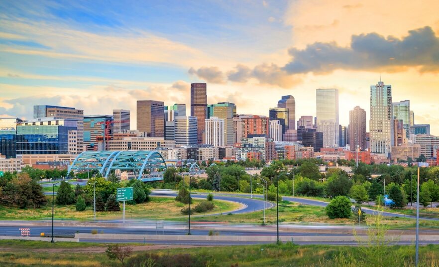 Denver skyline at sunset CO