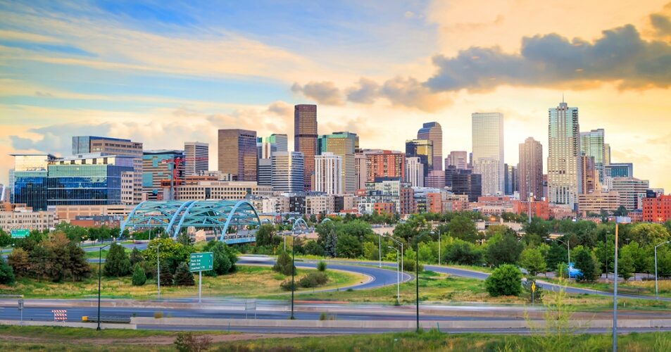Denver skyline at sunset CO