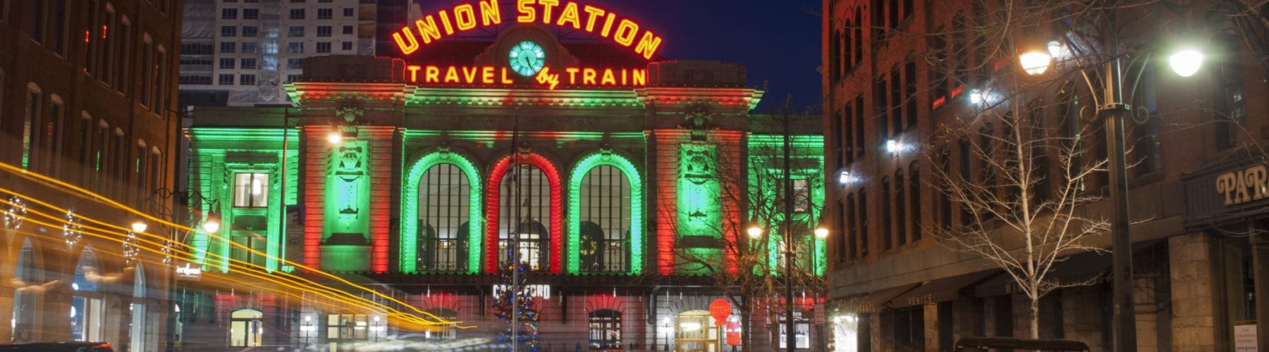 Union Station Lit Up During Christmas in Denver