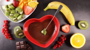 Homemade chocolat fondue spread for Valentine's Day.