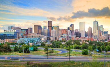 Denver skyline at sunset CO